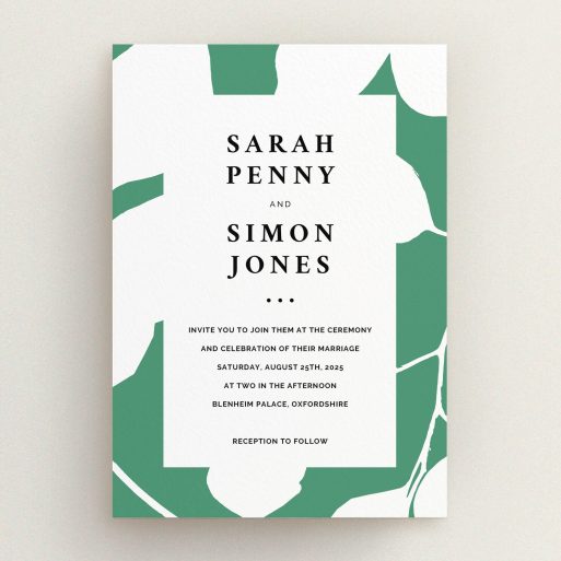 A personalised wedding invite design titled "White on Green". It is an A5 invite in a portrait orientation. "White on Green" is available as a flat invite, with tones of green and white.