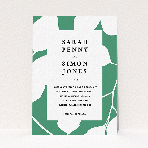 A personalised wedding invite design titled "White on Green". It is an A5 invite in a portrait orientation. "White on Green" is available as a flat invite, with tones of green and white.