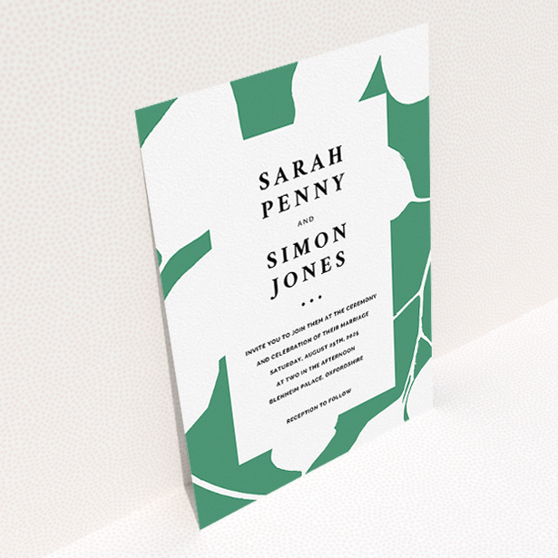 A personalised wedding invite design titled "White on Green". It is an A5 invite in a portrait orientation. "White on Green" is available as a flat invite, with tones of green and white.