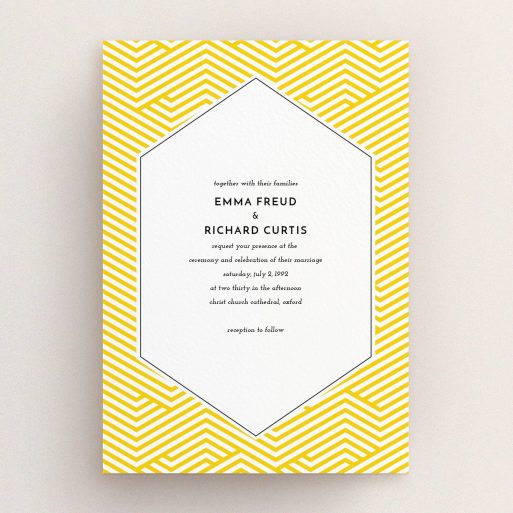 A personalised wedding invite design named "Yellow lines". It is an A5 invite in a portrait orientation. "Yellow lines" is available as a flat invite, with tones of yellow and white.