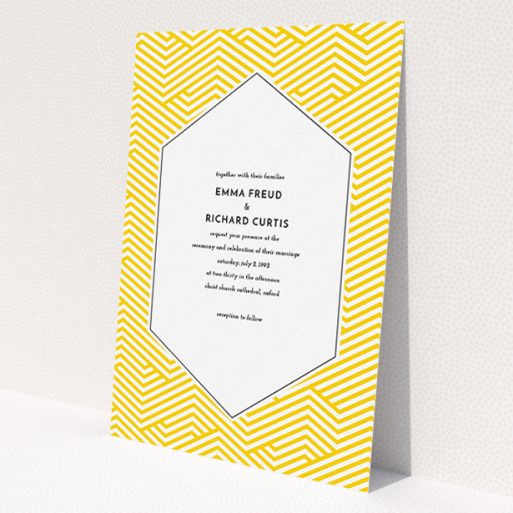 A personalised wedding invite design named 'Yellow lines'. It is an A5 invite in a portrait orientation. 'Yellow lines' is available as a flat invite, with tones of yellow and white.
