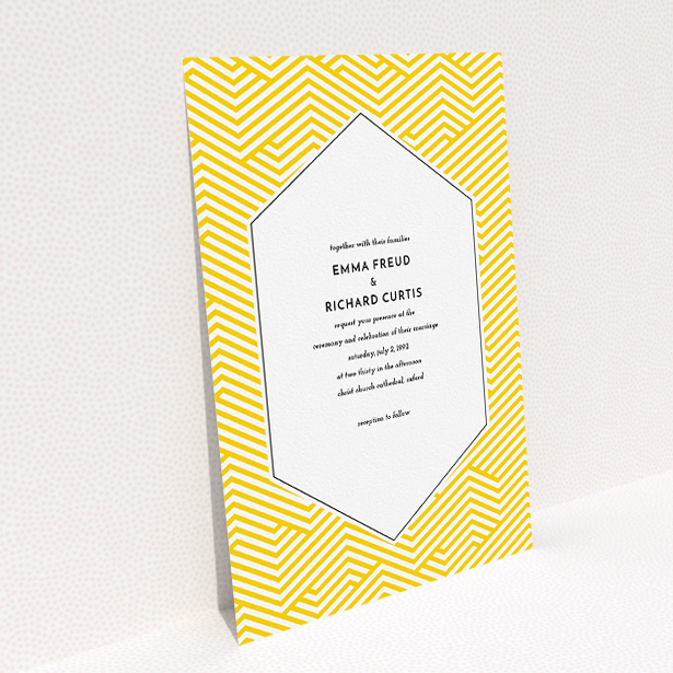 A personalised wedding invite design named "Yellow lines". It is an A5 invite in a portrait orientation. "Yellow lines" is available as a flat invite, with tones of yellow and white.