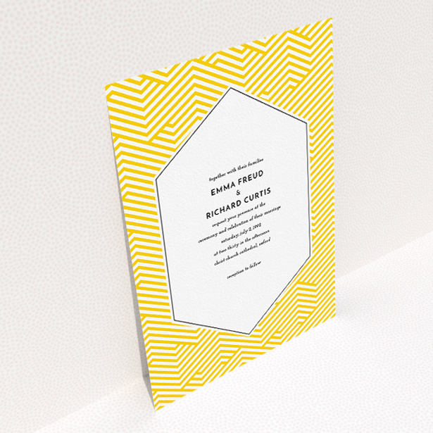 A personalised wedding invite design named "Yellow lines". It is an A5 invite in a portrait orientation. "Yellow lines" is available as a flat invite, with tones of yellow and white.