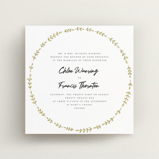 A personalised wedding invite design called "Yellow wreath". It is a square (148mm x 148mm) invite in a square orientation. "Yellow wreath" is available as a flat invite, with tones of white and yellow.