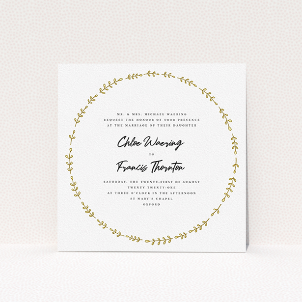 A personalised wedding invite design called "Yellow wreath". It is a square (148mm x 148mm) invite in a square orientation. "Yellow wreath" is available as a flat invite, with tones of white and yellow.