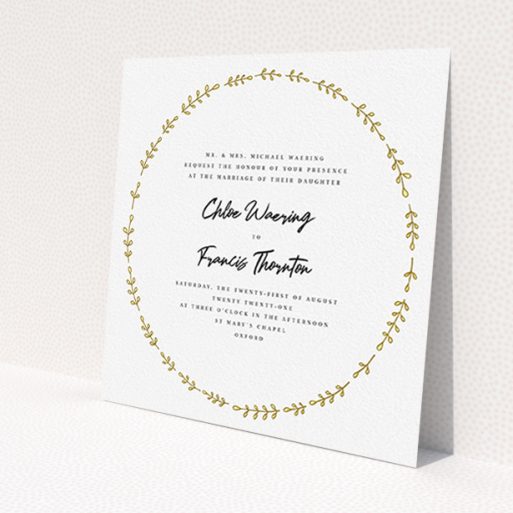 A personalised wedding invite design called 'Yellow wreath'. It is a square (148mm x 148mm) invite in a square orientation. 'Yellow wreath' is available as a flat invite, with tones of white and yellow.