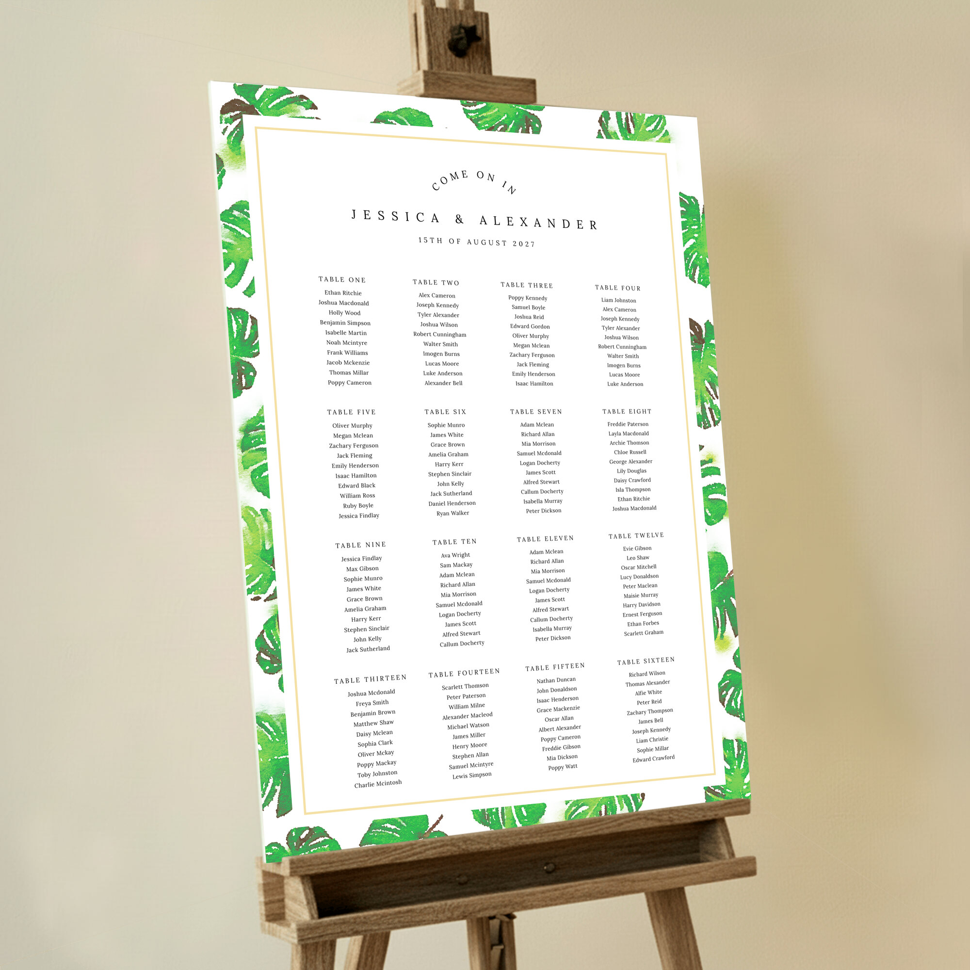 Personalised Wedding Seating Charts - Jungle Sky featuring a vibrant seating plan design with a lush pattern of painted green leaves on a crisp white background, bringing the magic of the jungle to your special occasion.. This design shows 16 tables.