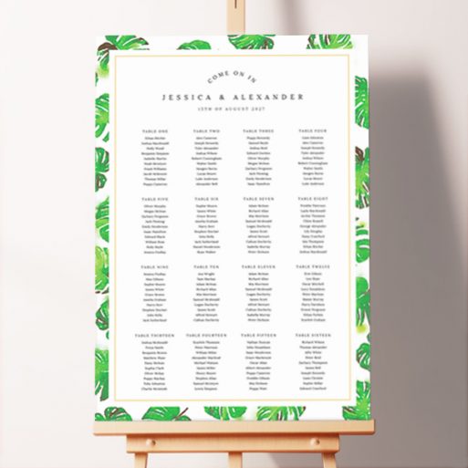 Personalised Wedding Seating Charts - Jungle Sky featuring a vibrant seating plan design with a lush pattern of painted green leaves on a crisp white background, bringing the magic of the jungle to your special occasion.. This design shows 16 tables.