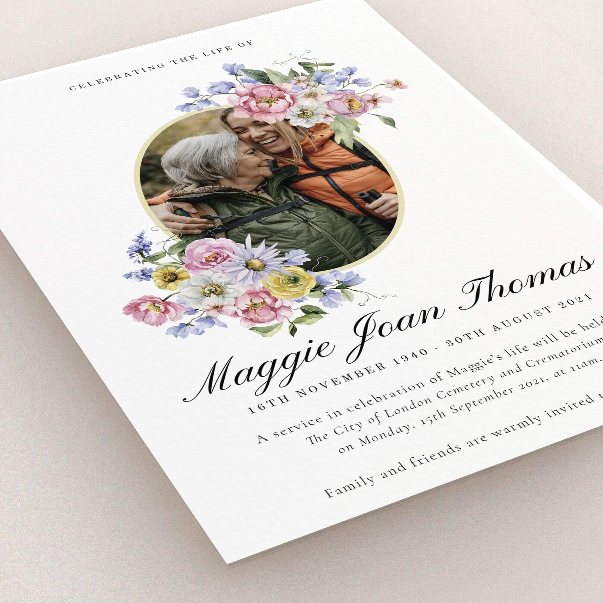 Floral funeral announcement design with one photo placeholder for personalised memorial cards