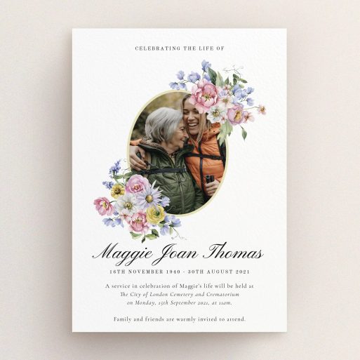 Floral Funeral Announcement Floral funeral announcement design with one photo placeholder for personalised memorial cards