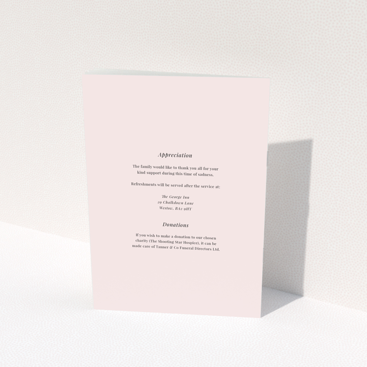 Funeral order of service program design with appreciation and donation text on a light pink background, no photos, Portrait design.