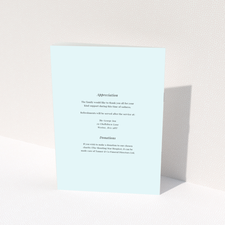 Funeral order of service program back page with appreciation and donations section design named Portrait