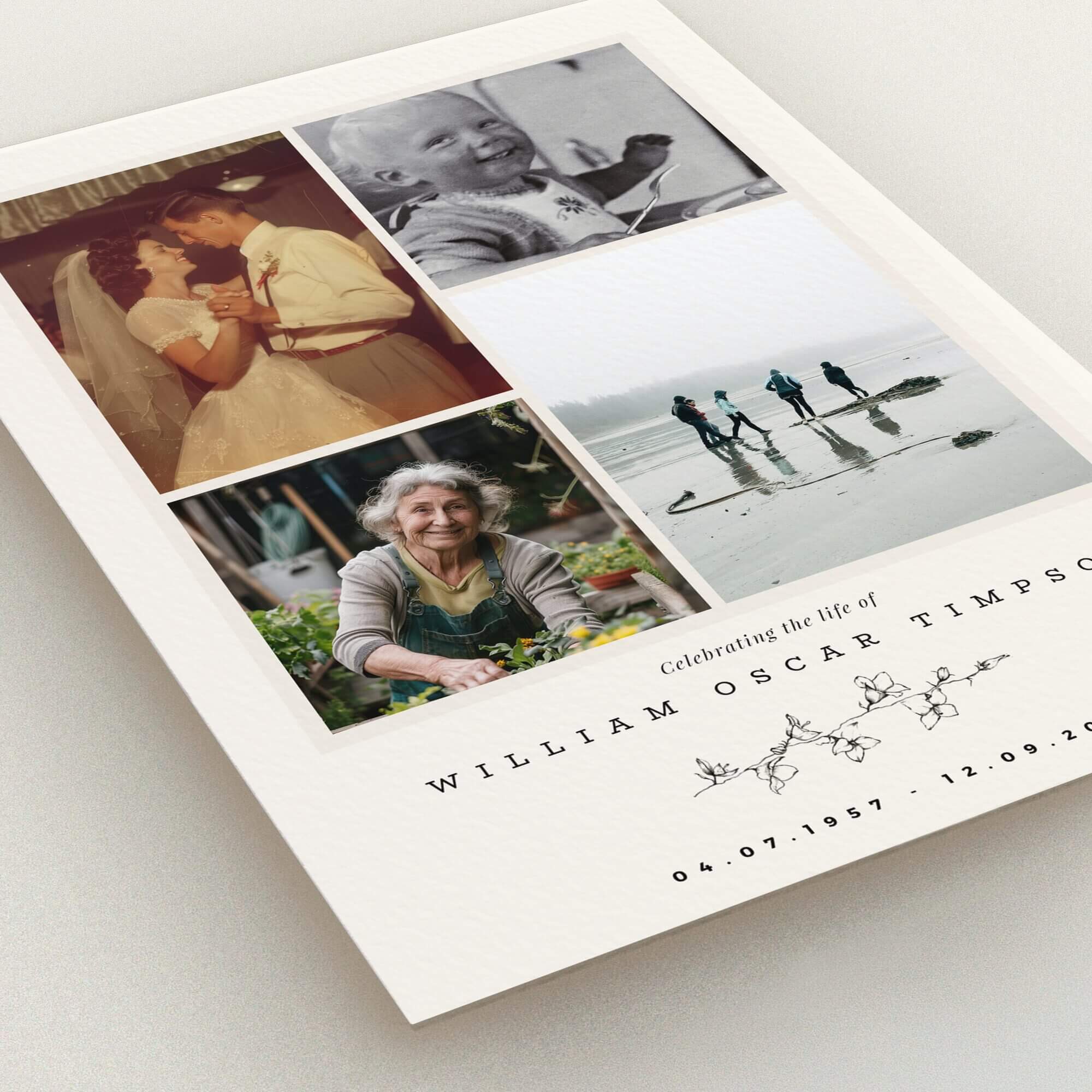 Funeral announcement design featuring four photos for personalisation.