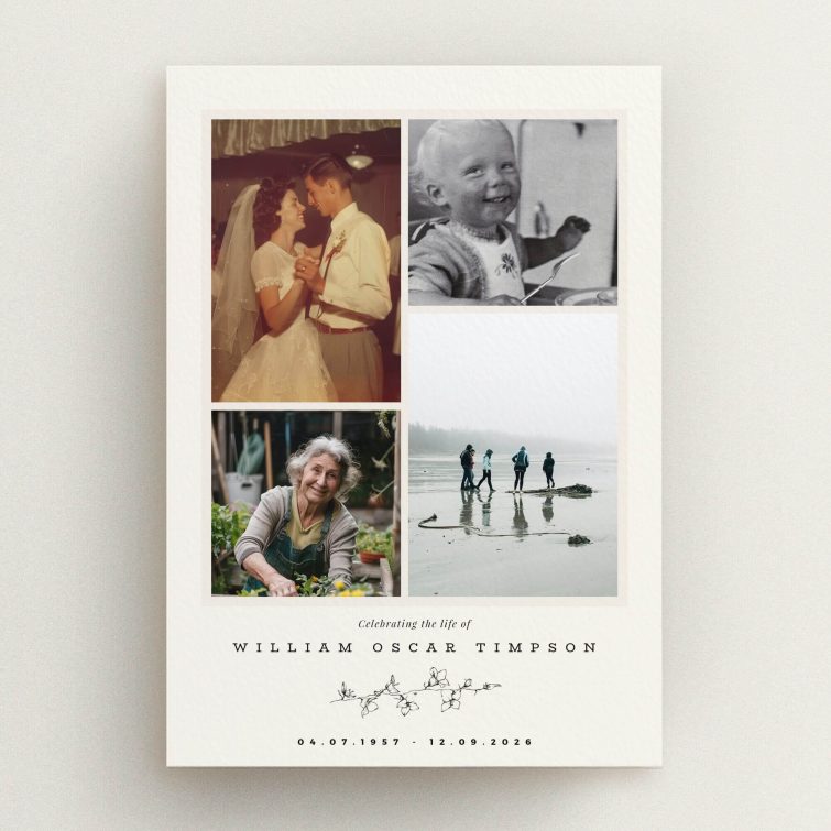 Funeral announcement design featuring four photos for personalisation.