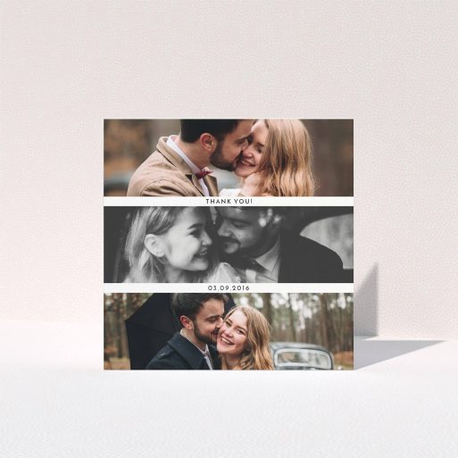 A photo wedding thank you card design called "1,2,3". It is a square (148mm x 148mm) card in a square orientation. It is a photographic photo wedding thank you card with room for 3 photos. "1,2,3" is available as a folded card, with mainly white colouring.