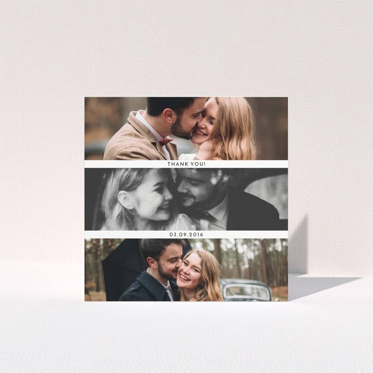 A photo wedding thank you card design called "1,2,3". It is a square (148mm x 148mm) card in a square orientation. It is a photographic photo wedding thank you card with room for 3 photos. "1,2,3" is available as a folded card, with mainly white colouring.