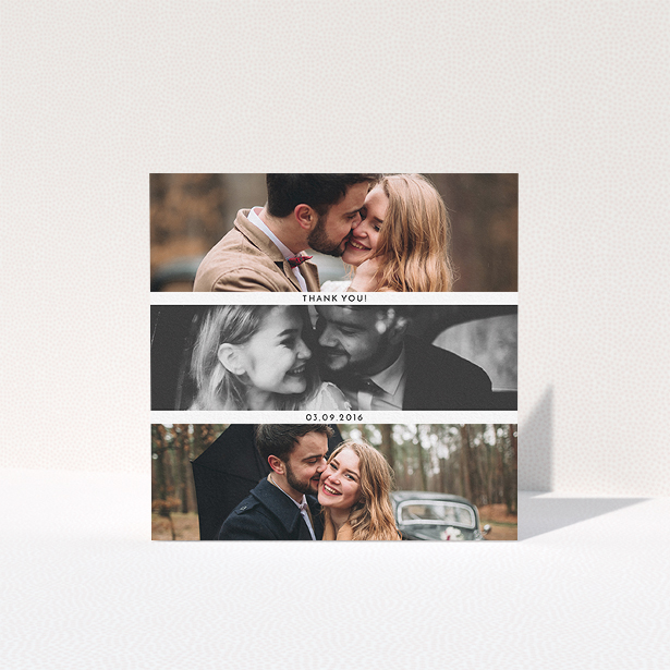 A photo wedding thank you card design called "1,2,3". It is a square (148mm x 148mm) card in a square orientation. It is a photographic photo wedding thank you card with room for 3 photos. "1,2,3" is available as a folded card, with mainly white colouring.