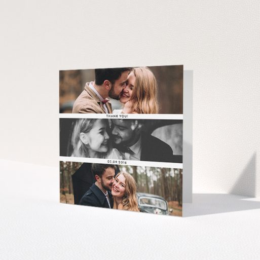 A photo wedding thank you card design called '1,2,3'. It is a square (148mm x 148mm) card in a square orientation. It is a photographic photo wedding thank you card with room for 3 photos. '1,2,3' is available as a folded card, with mainly white colouring.