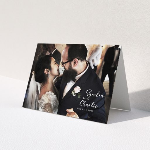 A photo wedding thank you card design called '1 Photo Full'. It is an A5 card in a landscape orientation. It is a photographic photo wedding thank you card with room for 1 photo. '1 Photo Full' is available as a folded card, with mainly white colouring.