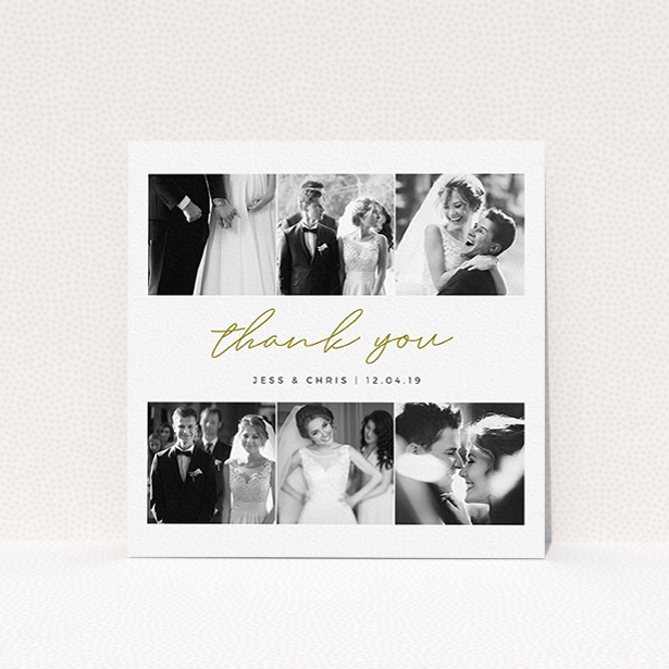 A photo wedding thank you card design named "3-on-3". It is a square (148mm x 148mm) card in a square orientation. It is a photographic photo wedding thank you card with room for 3 photos. "3-on-3" is available as a flat card, with tones of gold and white.