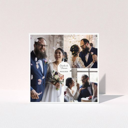 A photo wedding thank you card design called "3 Photo Put Together". It is a square (148mm x 148mm) card in a square orientation. It is a photographic photo wedding thank you card with room for 3 photos. "3 Photo Put Together" is available as a folded card, with mainly white colouring.