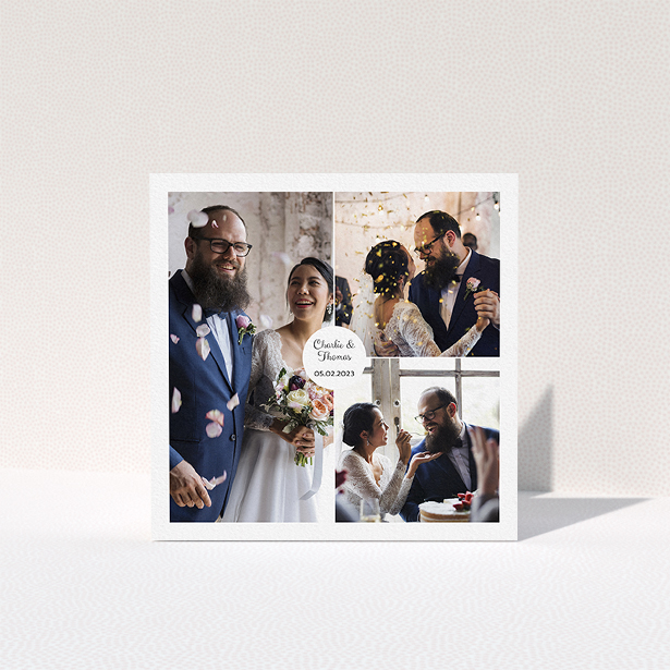A photo wedding thank you card design called "3 Photo Put Together". It is a square (148mm x 148mm) card in a square orientation. It is a photographic photo wedding thank you card with room for 3 photos. "3 Photo Put Together" is available as a folded card, with mainly white colouring.
