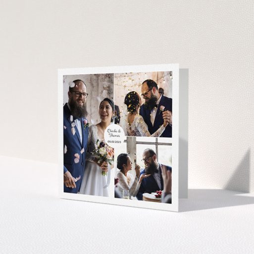 A photo wedding thank you card design called '3 Photo Put Together'. It is a square (148mm x 148mm) card in a square orientation. It is a photographic photo wedding thank you card with room for 3 photos. '3 Photo Put Together' is available as a folded card, with mainly white colouring.