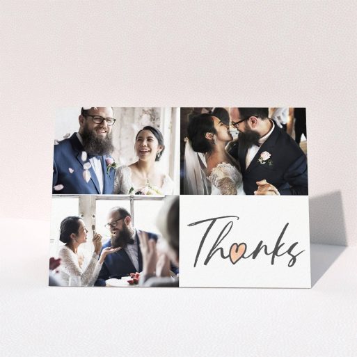 A photo wedding thank you card design titled "3 Photos and Thanks". It is an A6 card in a landscape orientation. It is a photographic photo wedding thank you card with room for 3 photos. "3 Photos and Thanks" is available as a folded card, with tones of black and white.