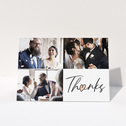 A photo wedding thank you card design titled "3 Photos and Thanks". It is an A6 card in a landscape orientation. It is a photographic photo wedding thank you card with room for 3 photos. "3 Photos and Thanks" is available as a folded card, with tones of black and white.