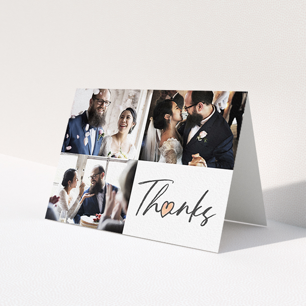A photo wedding thank you card design titled '3 Photos and Thanks'. It is an A6 card in a landscape orientation. It is a photographic photo wedding thank you card with room for 3 photos. '3 Photos and Thanks' is available as a folded card, with tones of black and white.