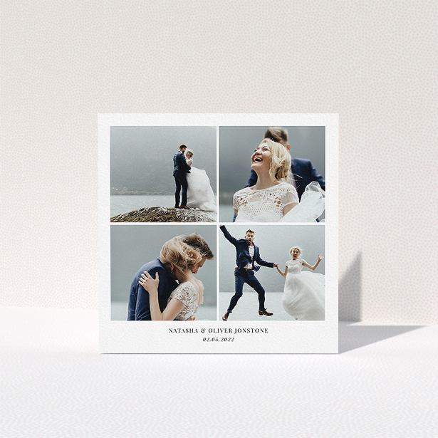 A photo wedding thank you card design titled "4 Photo Frame". It is a square (148mm x 148mm) card in a square orientation. It is a photographic photo wedding thank you card with room for 4 photos. "4 Photo Frame" is available as a folded card, with mainly white colouring.