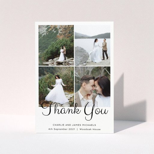 A photo wedding thank you card template titled "4 Photos Arranged". It is an A5 card in a portrait orientation. It is a photographic photo wedding thank you card with room for 4 photos. "4 Photos Arranged" is available as a folded card, with mainly white colouring.