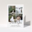 A photo wedding thank you card template titled "4 Photos Arranged". It is an A5 card in a portrait orientation. It is a photographic photo wedding thank you card with room for 4 photos. "4 Photos Arranged" is available as a folded card, with mainly white colouring.