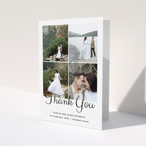 A photo wedding thank you card template titled '4 Photos Arranged'. It is an A5 card in a portrait orientation. It is a photographic photo wedding thank you card with room for 4 photos. '4 Photos Arranged' is available as a folded card, with mainly white colouring.