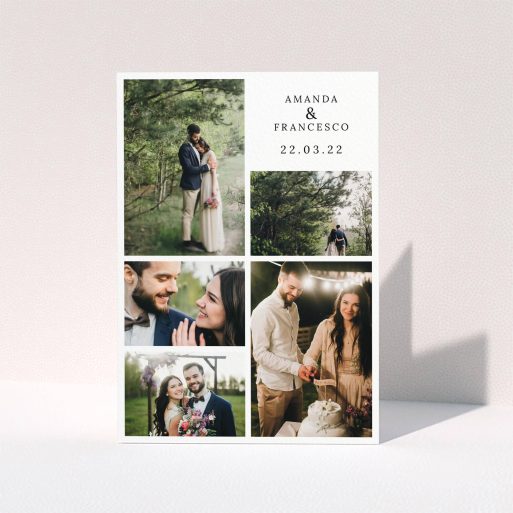 A photo wedding thank you card named "5 Photo Frame". It is an A5 card in a portrait orientation. It is a photographic photo wedding thank you card with room for 5 photos. "5 Photo Frame" is available as a folded card, with mainly white colouring.