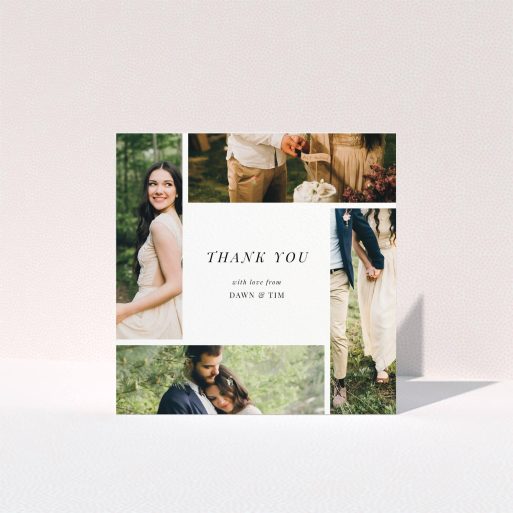 Photo Wedding Thank You Card Design - "Around the sides" A photo wedding thank you card named "Around the sides". It is a square (148mm x 148mm) card in a square orientation. It is a photographic photo wedding thank you card with room for 3 photos. "Around the sides" is available as a folded card, with tones of black and white.