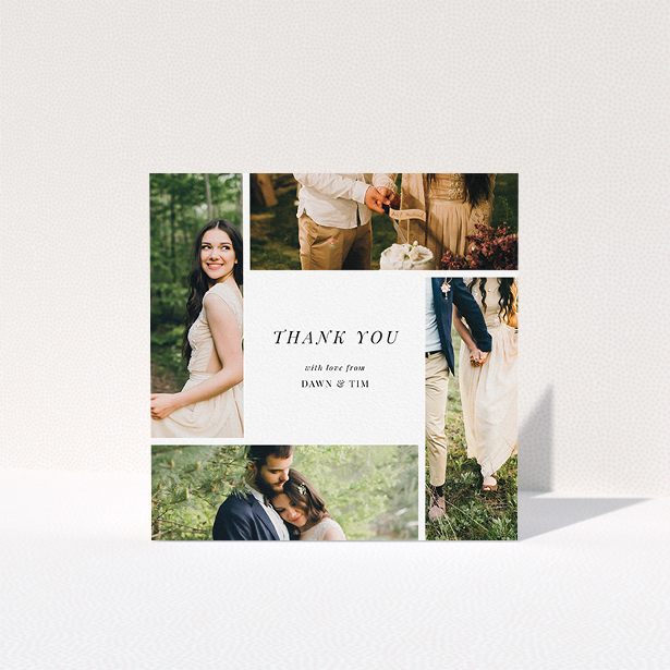 A photo wedding thank you card named "Around the sides". It is a square (148mm x 148mm) card in a square orientation. It is a photographic photo wedding thank you card with room for 3 photos. "Around the sides" is available as a folded card, with tones of black and white.