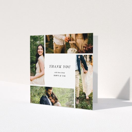 A photo wedding thank you card named 'Around the sides'. It is a square (148mm x 148mm) card in a square orientation. It is a photographic photo wedding thank you card with room for 3 photos. 'Around the sides' is available as a folded card, with tones of black and white.