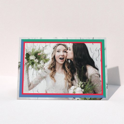 A photo wedding thank you card design titled "Berkeley Square Photo Frame". It is an A5 card in a landscape orientation. It is a photographic photo wedding thank you card with room for 1 photo. "Berkeley Square Photo Frame" is available as a folded card, with tones of green, blue and red.