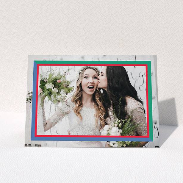 A photo wedding thank you card design titled "Berkeley Square Photo Frame". It is an A5 card in a landscape orientation. It is a photographic photo wedding thank you card with room for 1 photo. "Berkeley Square Photo Frame" is available as a folded card, with tones of green, blue and red.
