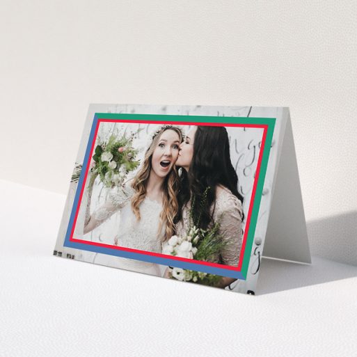A photo wedding thank you card design titled 'Berkeley Square Photo Frame'. It is an A5 card in a landscape orientation. It is a photographic photo wedding thank you card with room for 1 photo. 'Berkeley Square Photo Frame' is available as a folded card, with tones of green, blue and red.