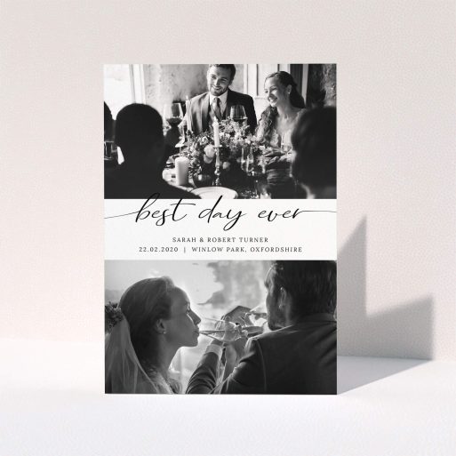 A photo wedding thank you card design named "Best Day Ever". It is an A5 card in a portrait orientation. It is a photographic photo wedding thank you card with room for 2 photos. "Best Day Ever" is available as a folded card, with mainly white colouring.