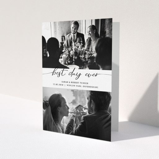 A photo wedding thank you card design named 'Best Day Ever'. It is an A5 card in a portrait orientation. It is a photographic photo wedding thank you card with room for 2 photos. 'Best Day Ever' is available as a folded card, with mainly white colouring.