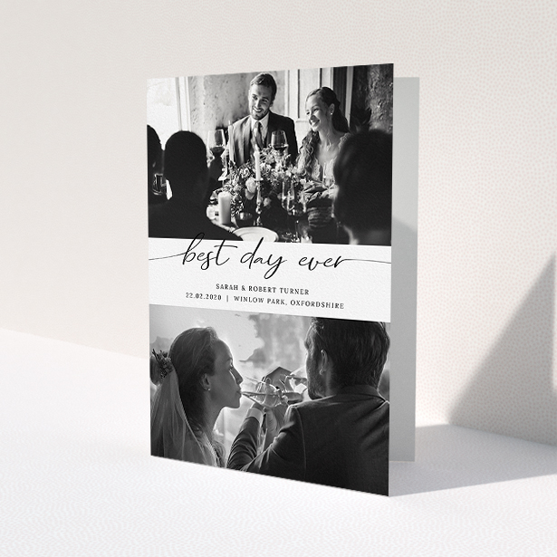 A photo wedding thank you card design named "Best Day Ever". It is an A5 card in a portrait orientation. It is a photographic photo wedding thank you card with room for 2 photos. "Best Day Ever" is available as a folded card, with mainly white colouring.