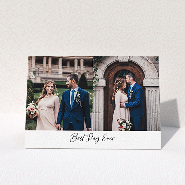 A photo wedding thank you card design titled "Best. Wedding. Ever.". It is an A6 card in a landscape orientation. It is a photographic photo wedding thank you card with room for 2 photos. "Best. Wedding. Ever." is available as a folded card, with mainly white colouring.