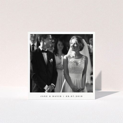 Photo Wedding Thank You Card Design - "Big centre" A photo wedding thank you card called "Big centre". It is a square (148mm x 148mm) card in a square orientation. It is a photographic photo wedding thank you card with room for 1 photo. "Big centre" is available as a folded card, with mainly white colouring.