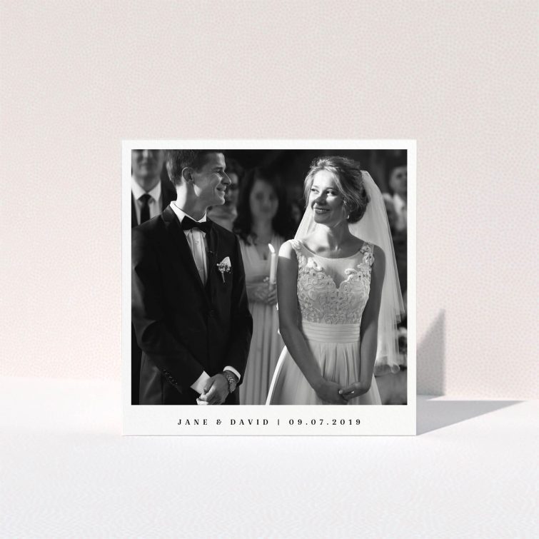 A photo wedding thank you card called "Big centre". It is a square (148mm x 148mm) card in a square orientation. It is a photographic photo wedding thank you card with room for 1 photo. "Big centre" is available as a folded card, with mainly white colouring.
