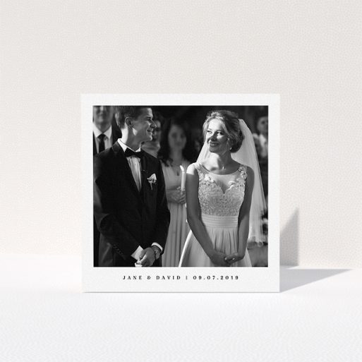 A photo wedding thank you card called "Big centre". It is a square (148mm x 148mm) card in a square orientation. It is a photographic photo wedding thank you card with room for 1 photo. "Big centre" is available as a folded card, with mainly white colouring.