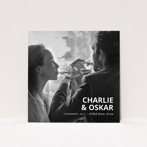A photo wedding thank you card template titled "Bold Photo Corner". It is a square (148mm x 148mm) card in a square orientation. It is a photographic photo wedding thank you card with room for 1 photo. "Bold Photo Corner" is available as a flat card, with mainly white colouring.