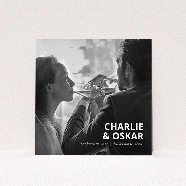 A photo wedding thank you card template titled "Bold Photo Corner". It is a square (148mm x 148mm) card in a square orientation. It is a photographic photo wedding thank you card with room for 1 photo. "Bold Photo Corner" is available as a flat card, with mainly white colouring.